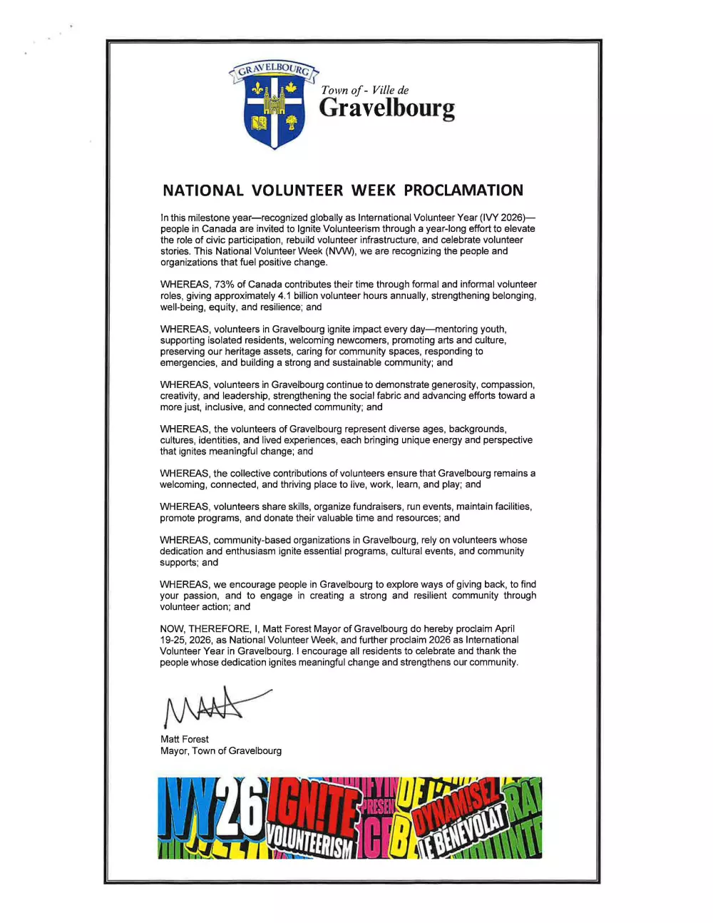 National Volunteer Week and Year of the Volunteer Proclaimed